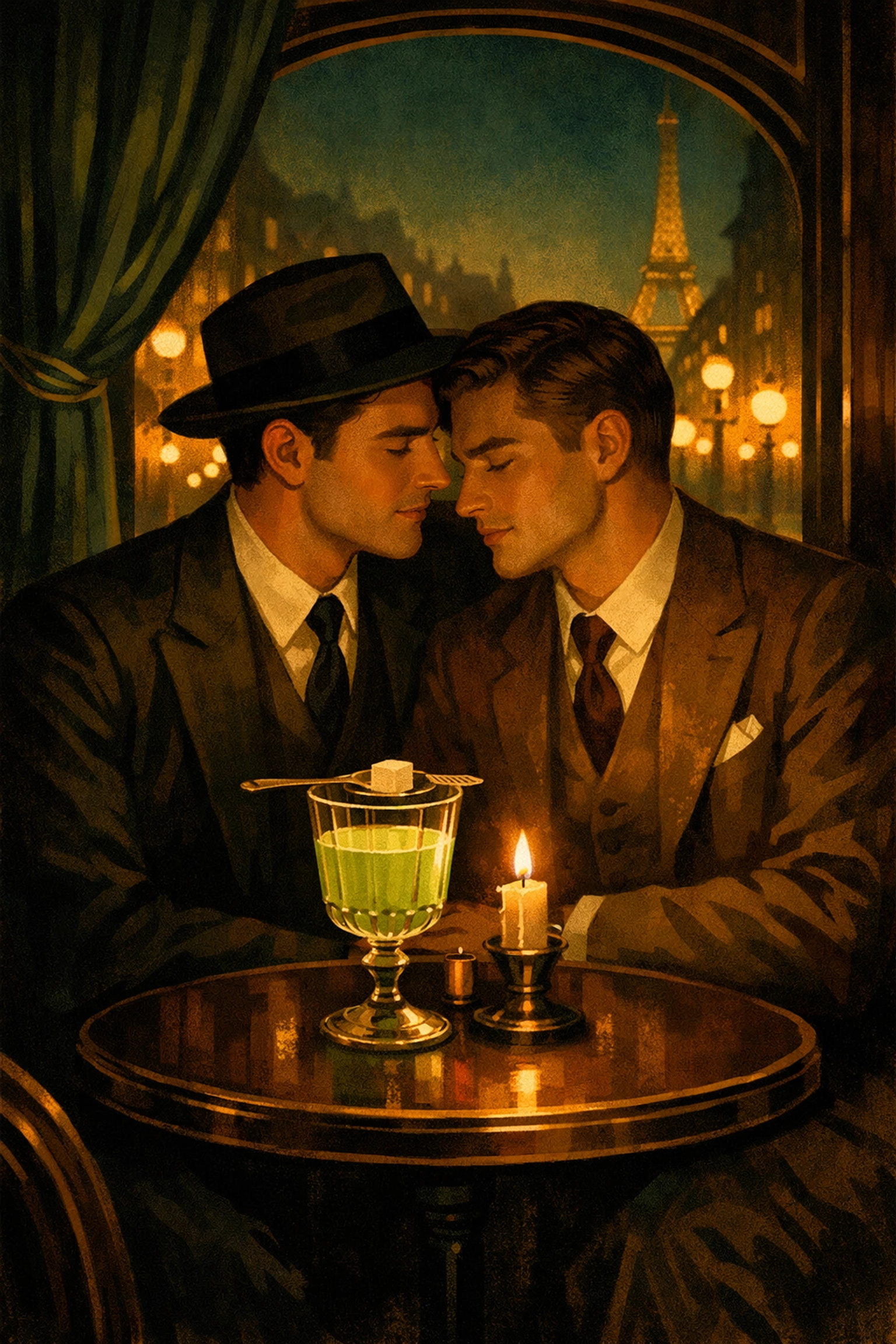 Two gay men sharing absinthe at a Parisian café during the 1920s Jazz Age l'Heure Verte
