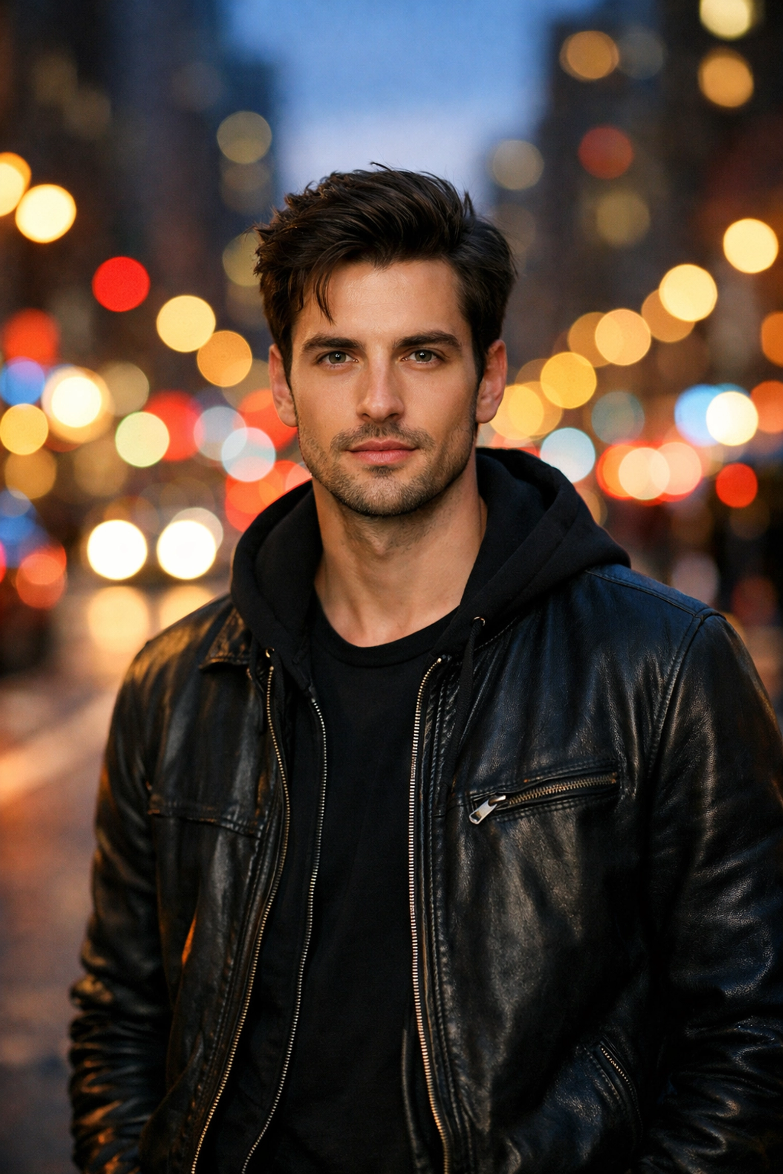 A sharp portrait with creamy bokeh background lights illustrating aperture control in manual mode.