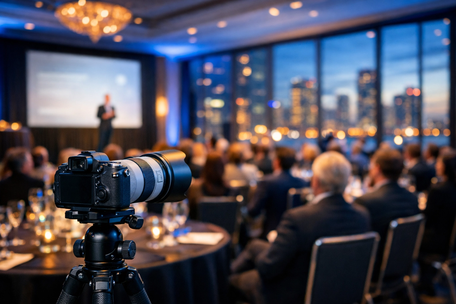 Professional camera gear set up for a corporate event photographer in a luxury Miami ballroom.
