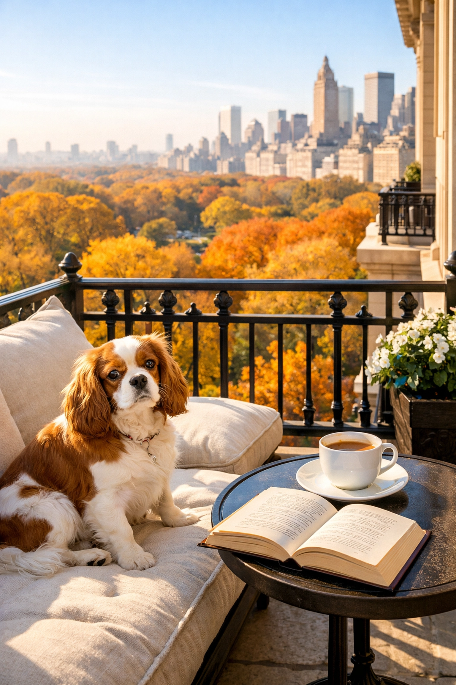 Dog relaxing on a terrace with a view of Central Park's autumn foliage, coffee cup and open book on a table, highlighting pet-friendly outdoor space in NYC.