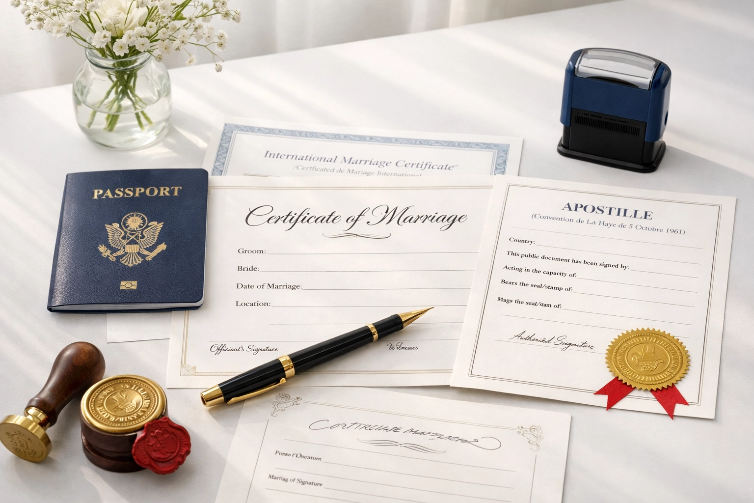 Destination wedding planning documents and travel paperwork with passport