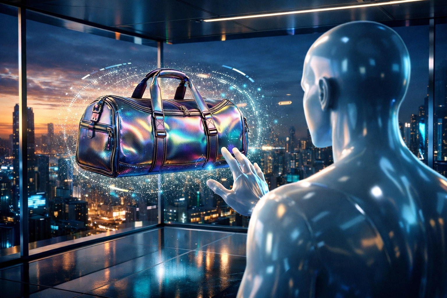 Virtual reality metaverse shopping experience with an avatar buying a digital duffle bag using Larecoin payments.