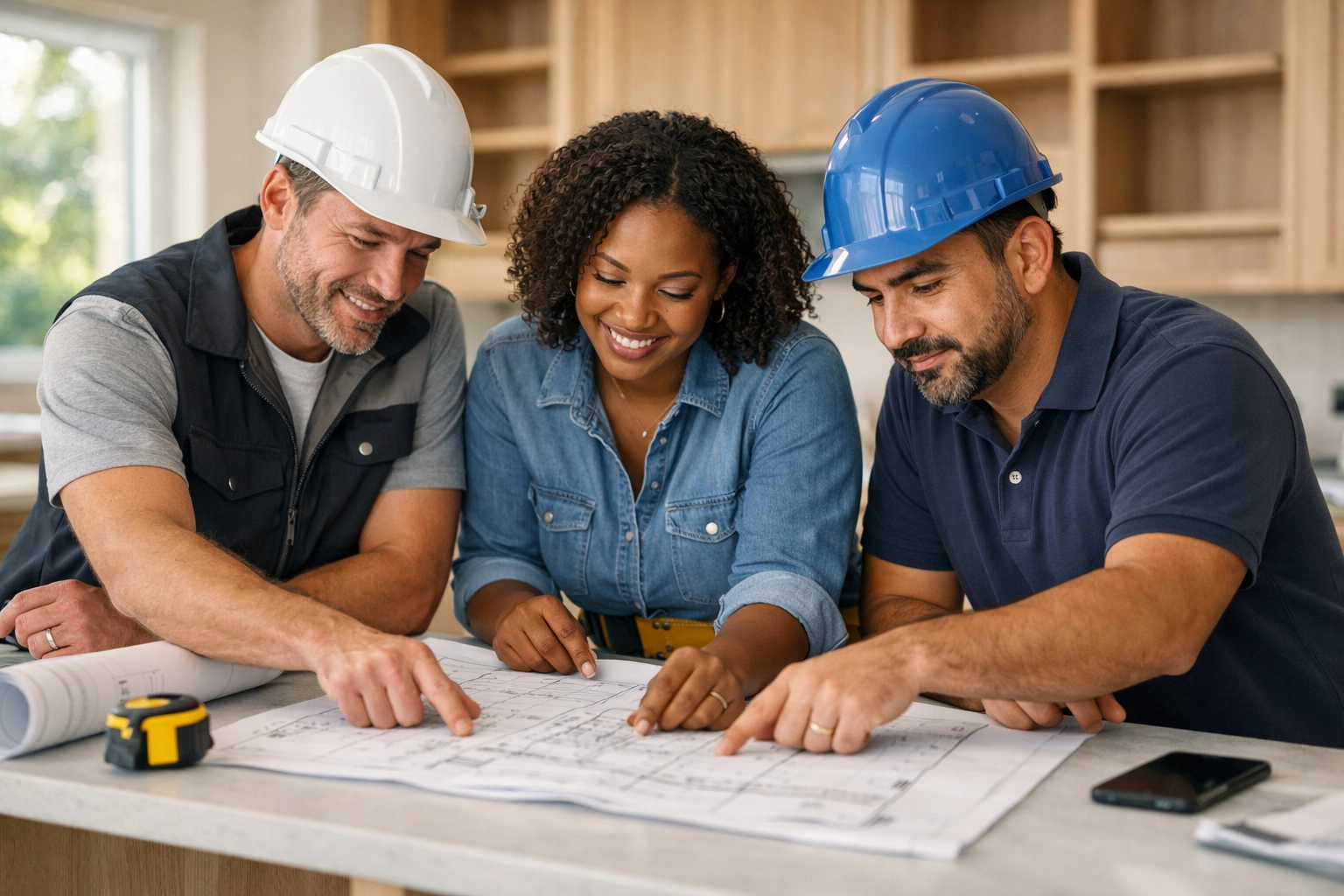 Orlando home remodeling contractors reviewing blueprints at a kitchen renovation project site
