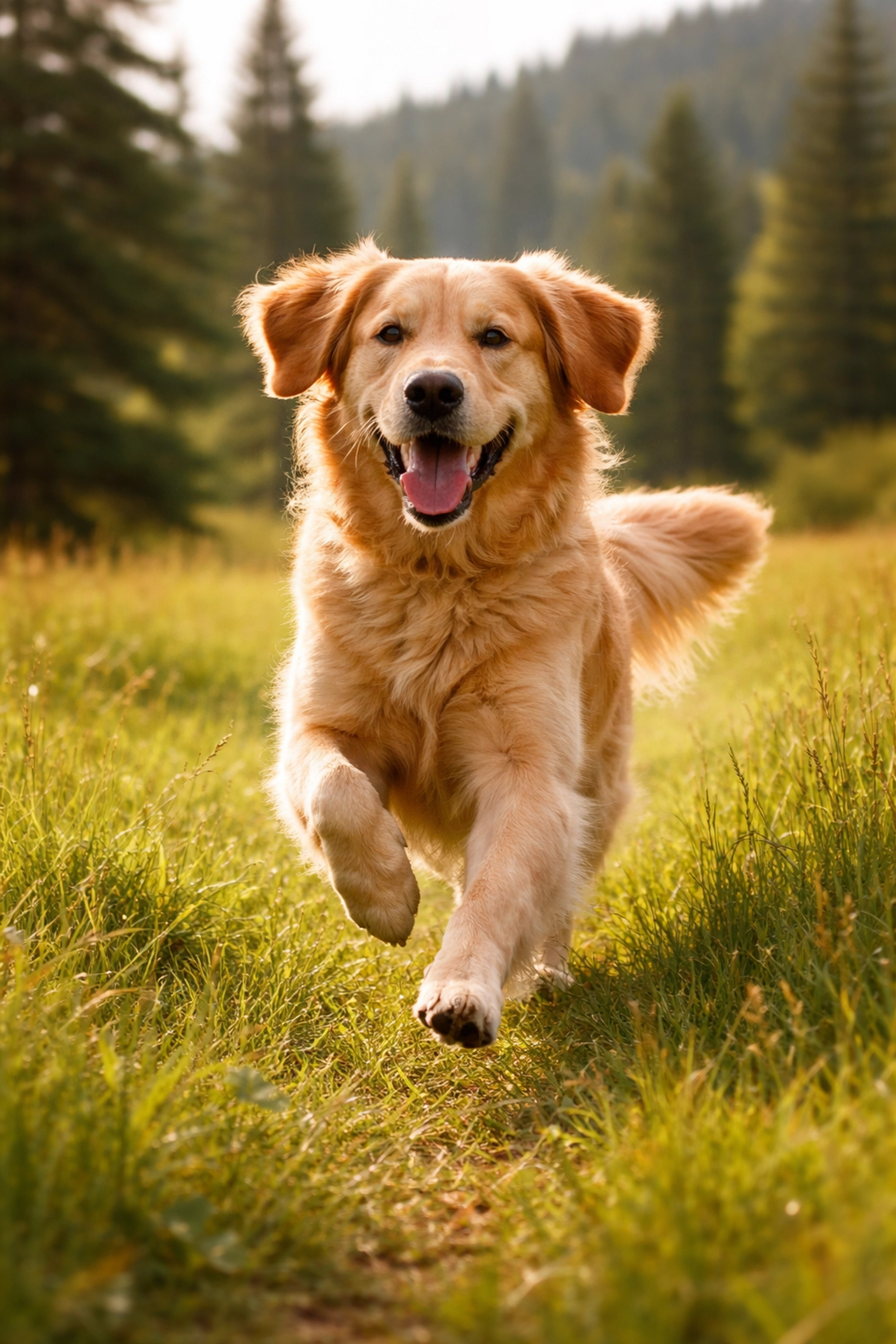 Healthy Golden Retriever running joyfully in a Pacific Northwest meadow, showcasing good genetics