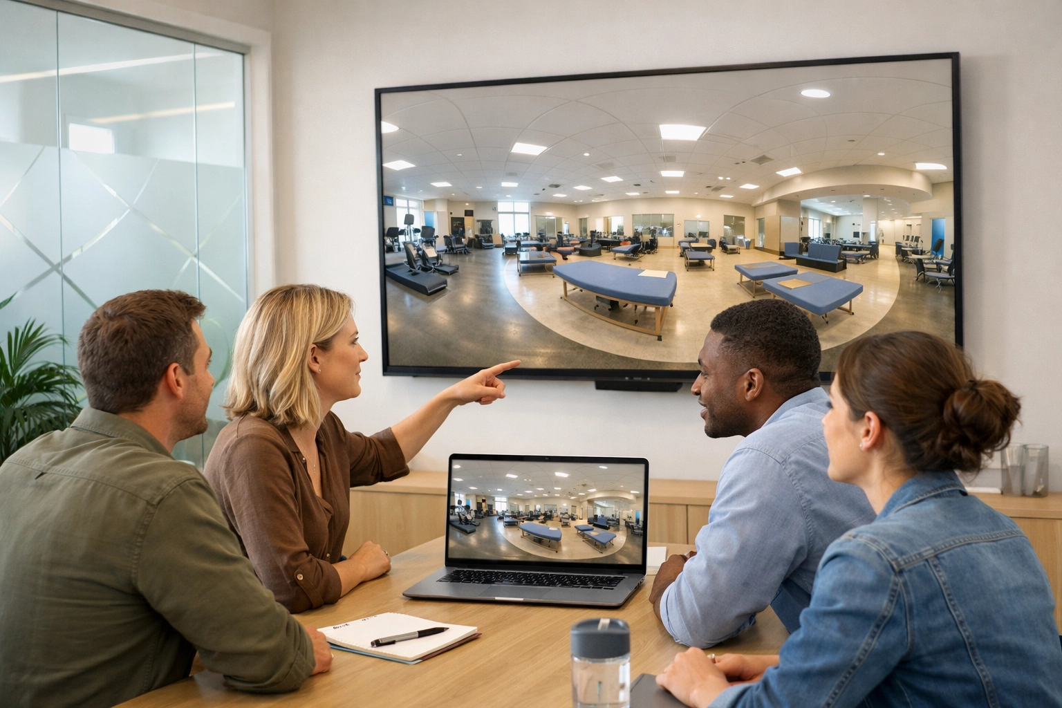 Ads Up Marketing team reviewing virtual tours for healthcare admissions to optimize facility conversion.