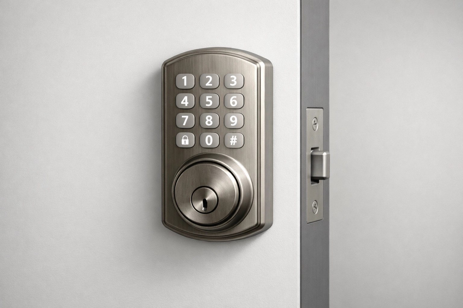 Smart lock keypad deadbolt on a modern door, softly lit and minimal with no text.