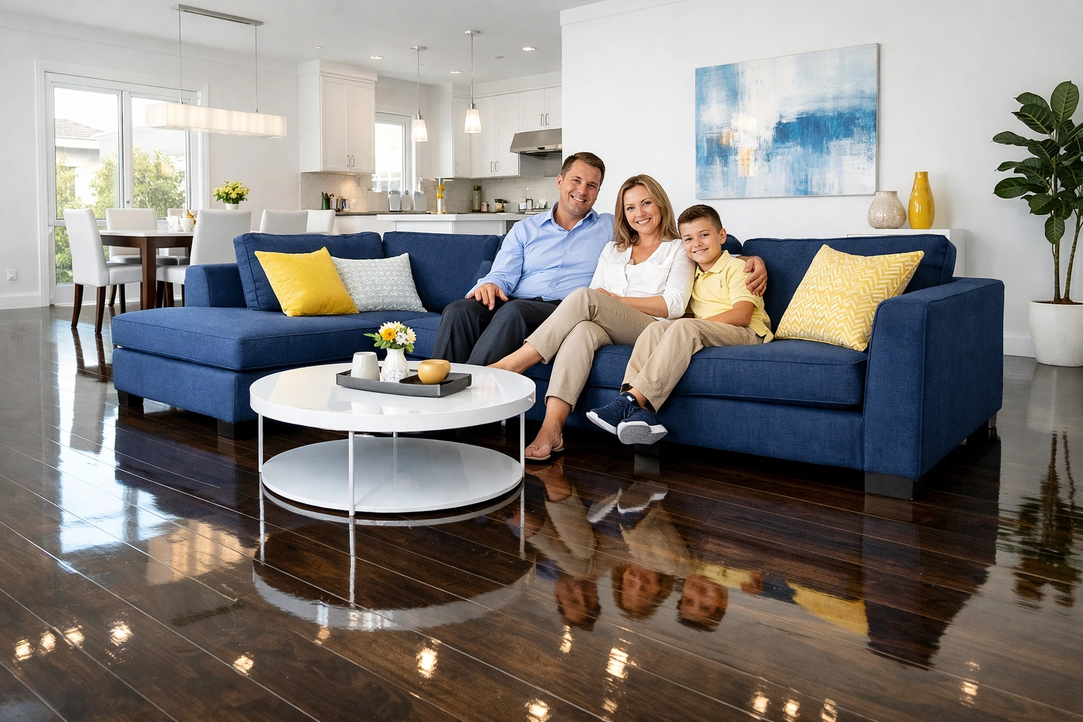 A spotless Worcester home after a deep cleaning service, featuring polished hardwood floors and a happy family.