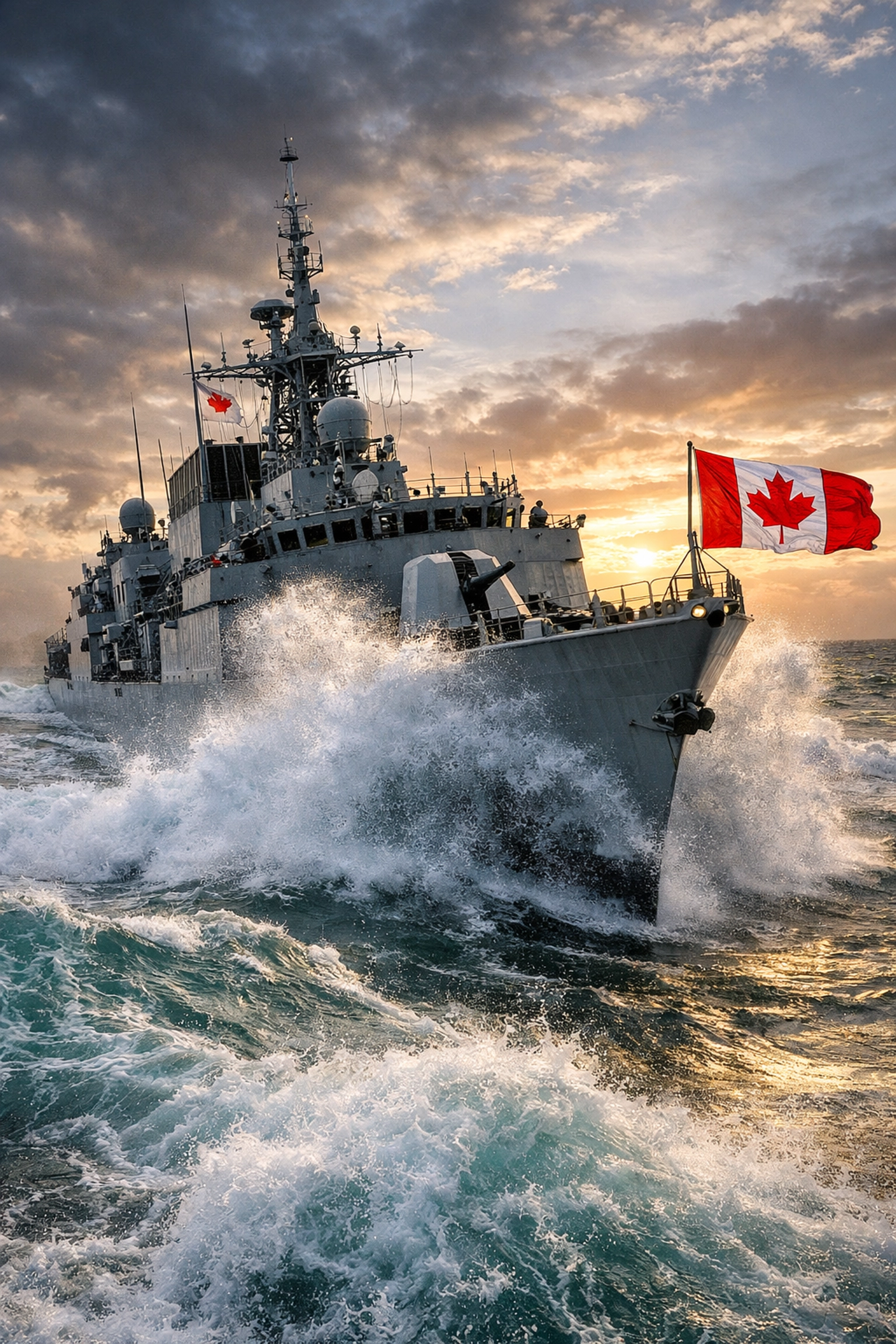 A Canadian naval frigate patrolling open waters to protect international shipping lanes.