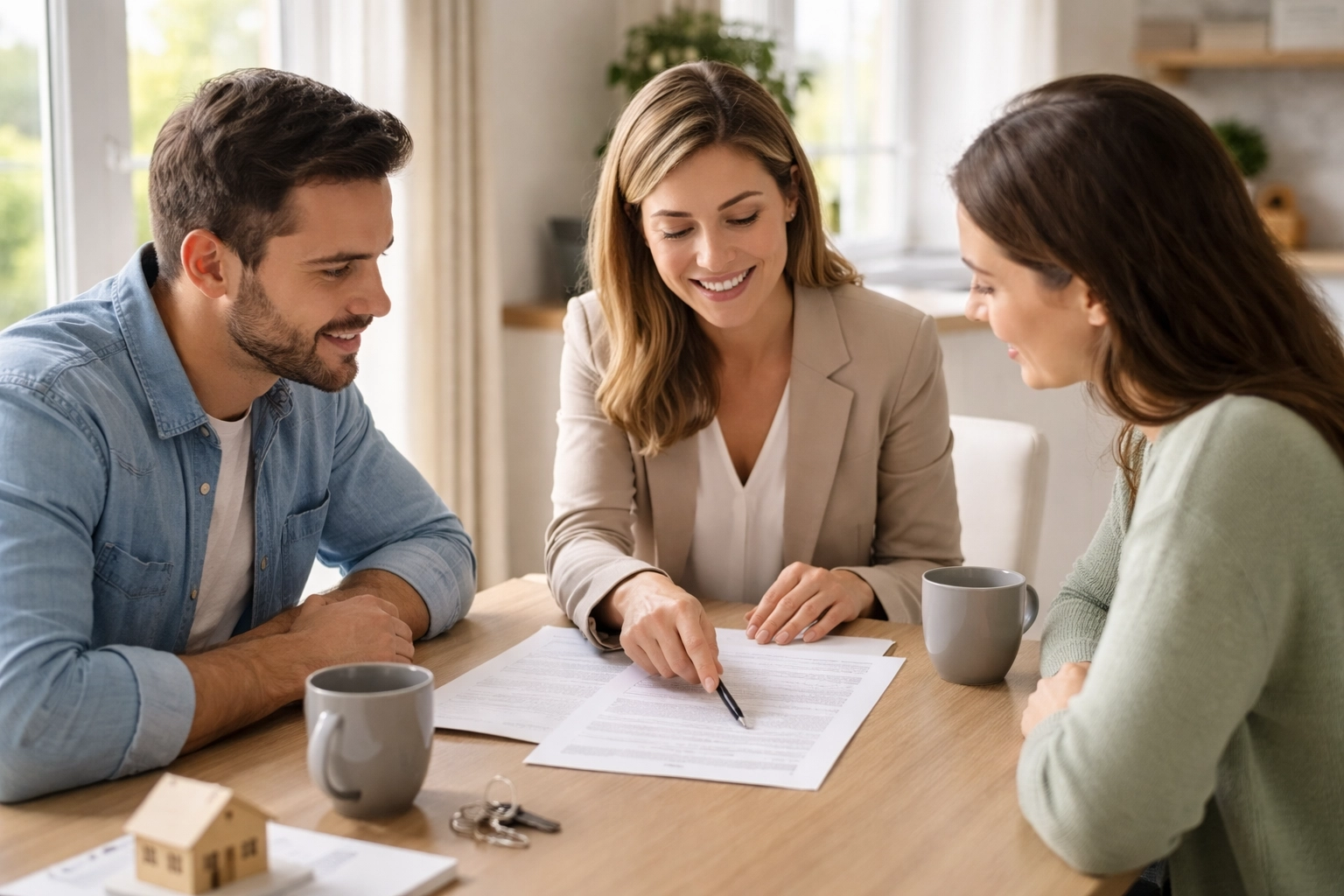Real estate agent discussing contract details with clients at home, showing the value of clear, honest guidance. Real estate agent discussing contract details with clients at home, showing the value of clear, honest guidance.