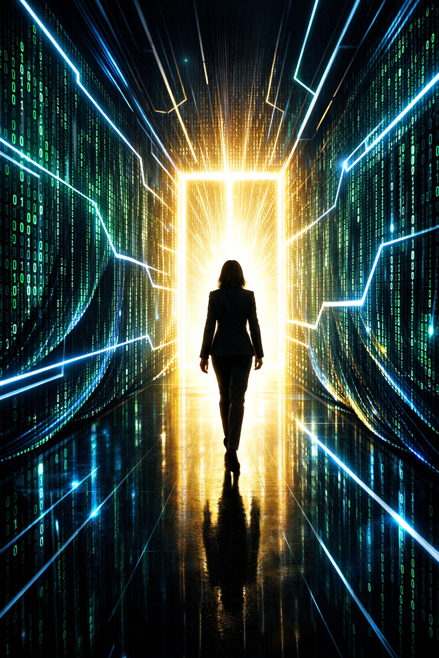 Fachkraft tritt durch ein digitales Portal in die Ära der universellen KI-Kompetenz.