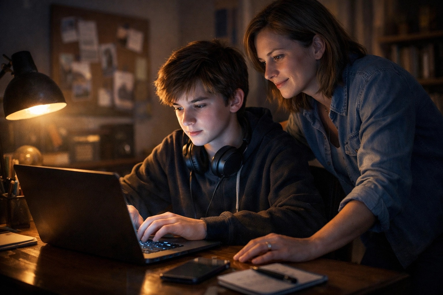 Teen at desk with laptop, parent nearby offering calm guidance, supportive warm light, single-frame cinematic scene