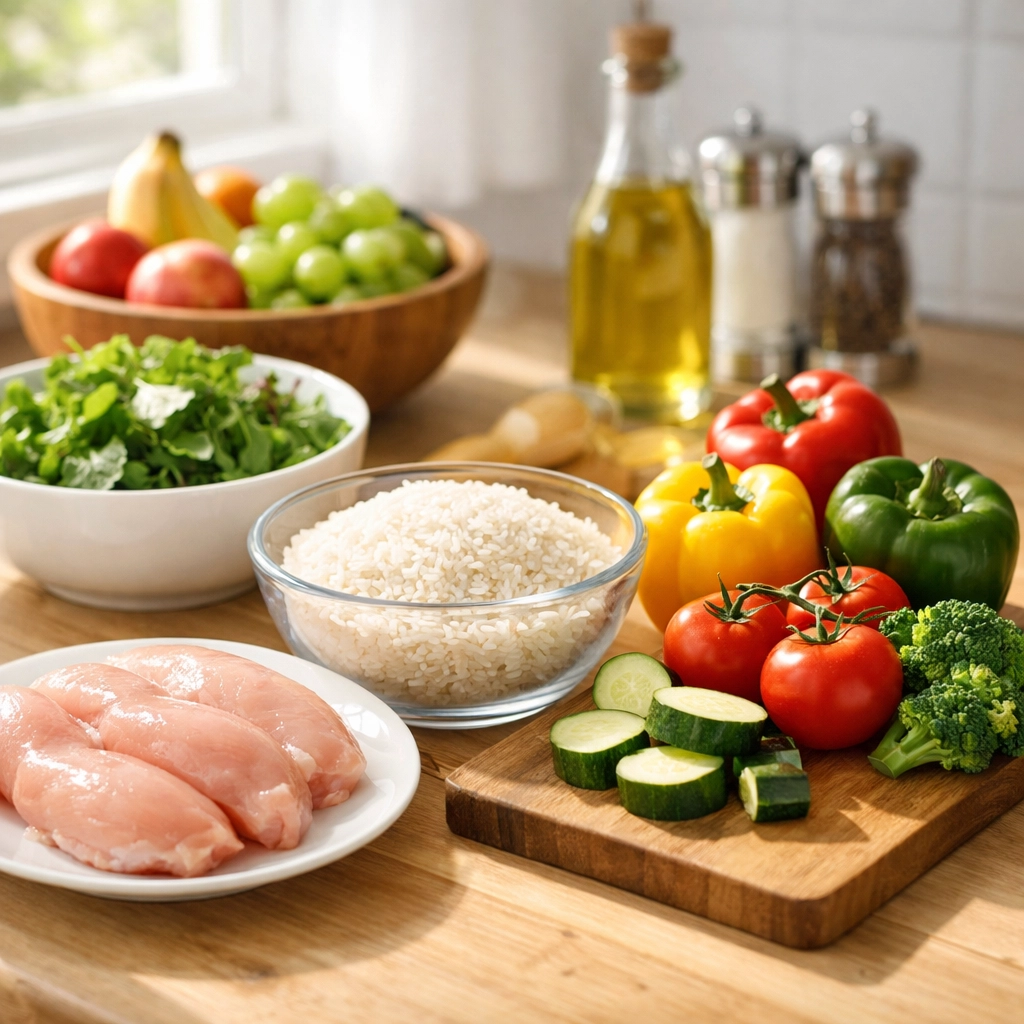 Fresh ingredients for home-cooked meals on kitchen counter including chicken, rice and vegetables
