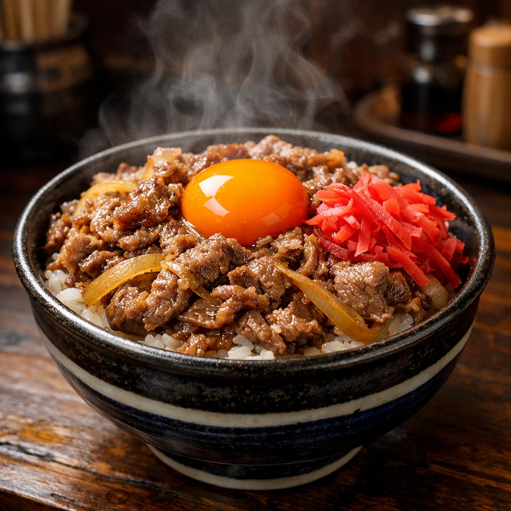A steaming bowl of Gyudon beef-on-rice, one of Tokyo's best cheap eats for hungry travelers.