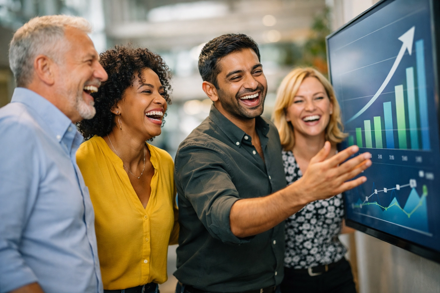 A diverse, happy team collaborating in a bright office, illustrating a resilient and positive corporate culture.