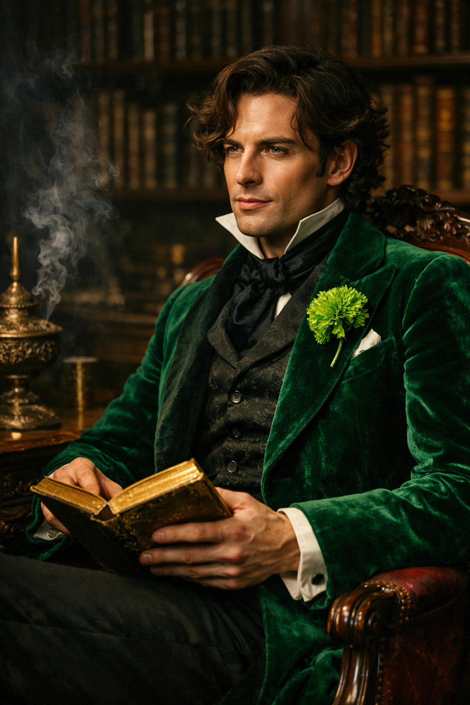 Victorian dandy in a green velvet coat with a carnation, symbolizing the decadent roots of gay literature.