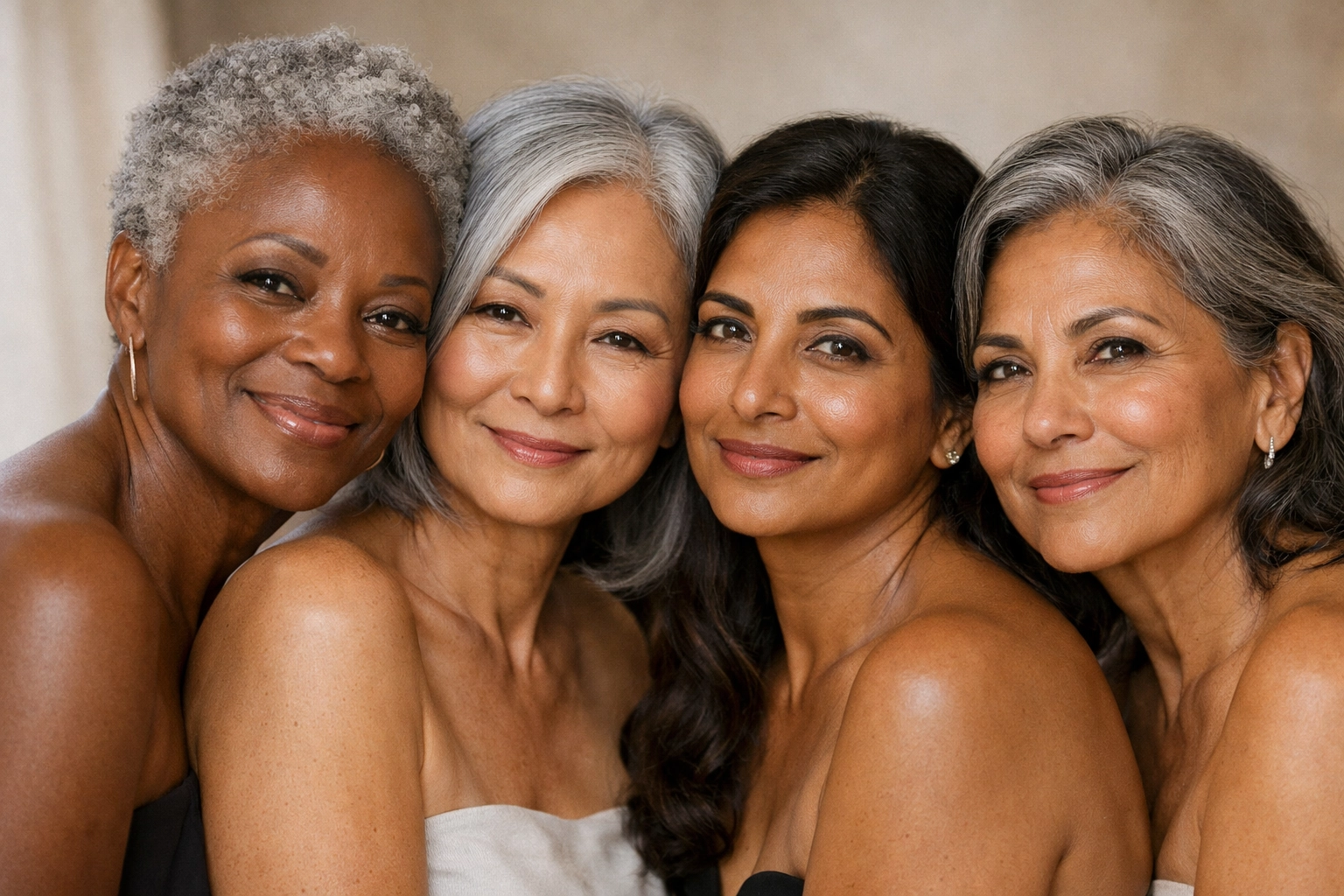 Diverse women in their 60s with melanin-rich skin, including African American, Asian, Indian, and Latina women, with bright, healthy-looking skin.