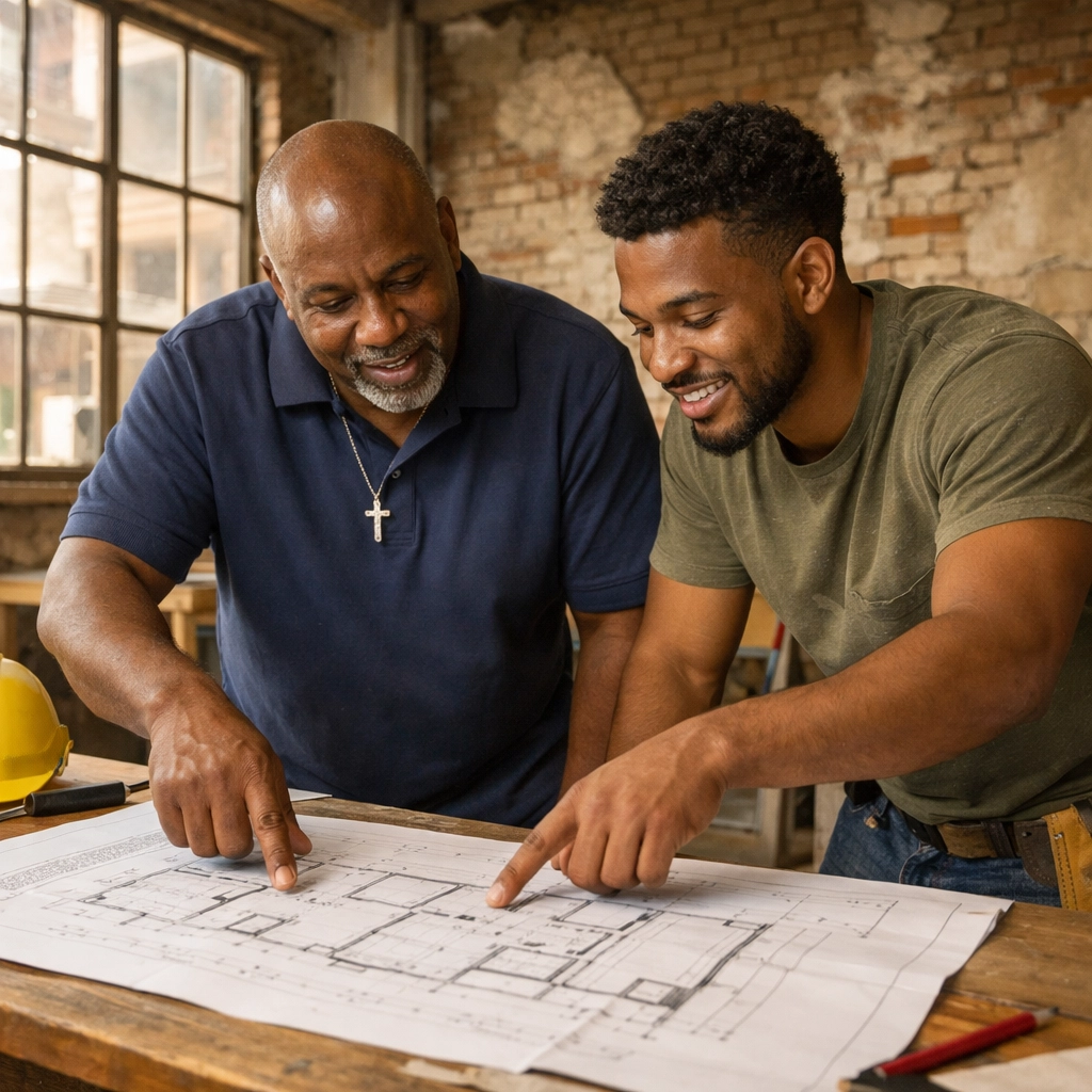 A group of diverse community members and church leaders brainstorming together in a modern meeting space, symbolizing collaborative community development.