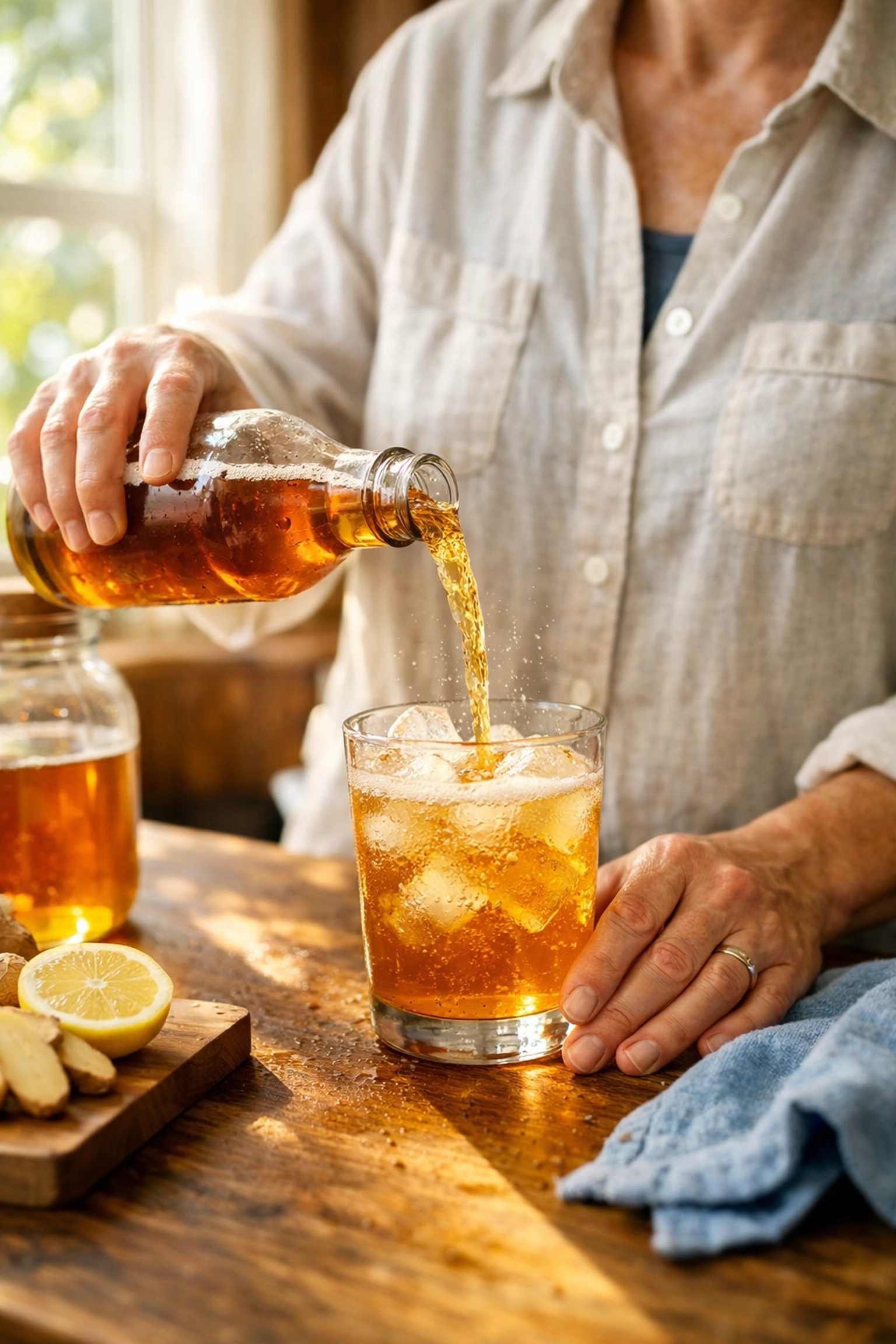 A person pouring sparkling kombucha into a glass, containing polyphenols to help manage chronic inflammation.