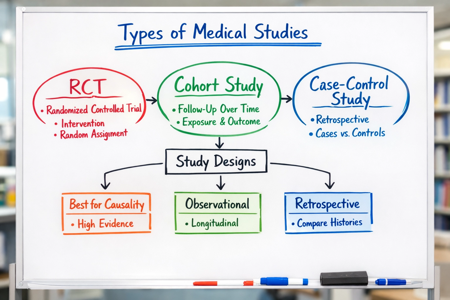 Flowchart showing medical study designs including RCT, cohort, and case-control studies
