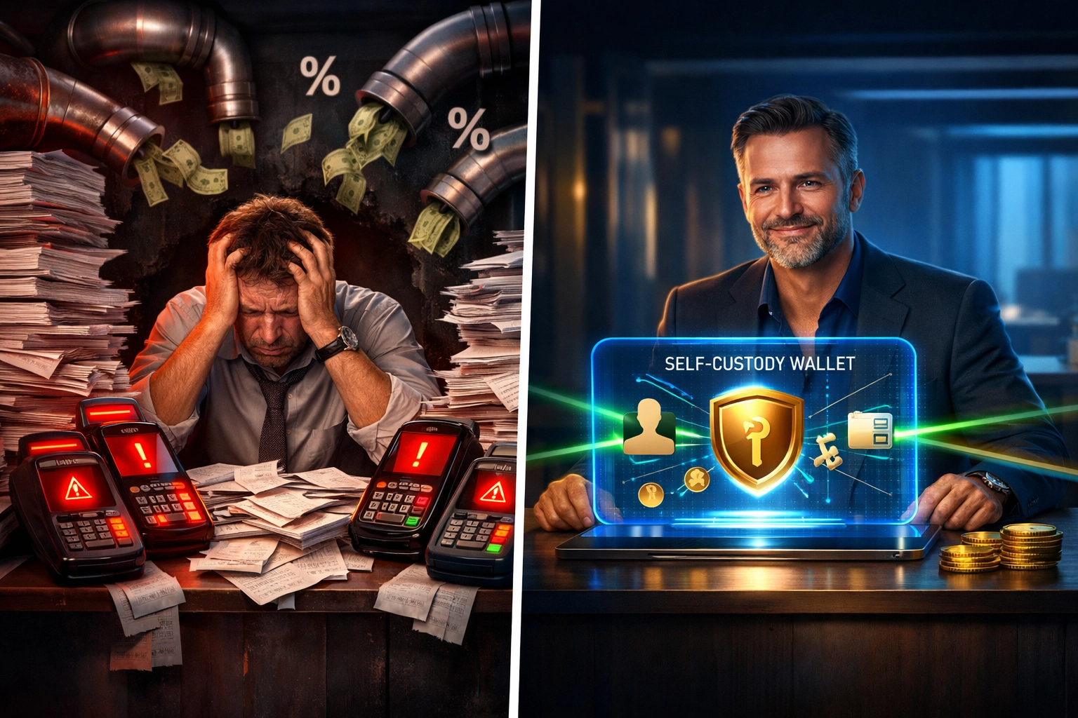 Comparison of traditional merchant payment processing vs self-custody crypto wallet payments