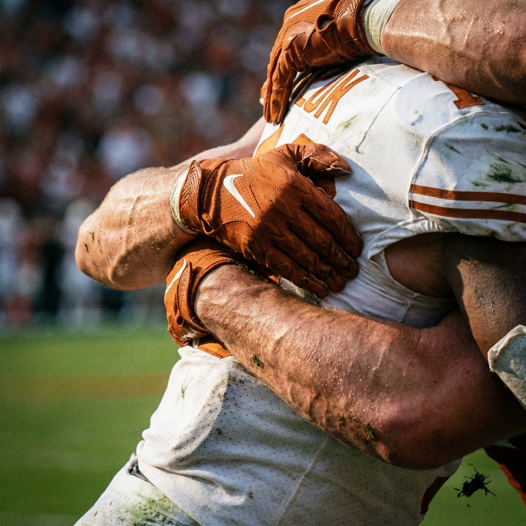Close-up of a Texas Longhorns player making a tackle, showing athleticism and defensive intensity on the field