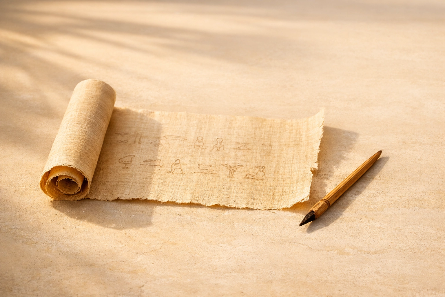 Ancient Egyptian papyrus scroll with reed pen used by scribes for notarial documentation