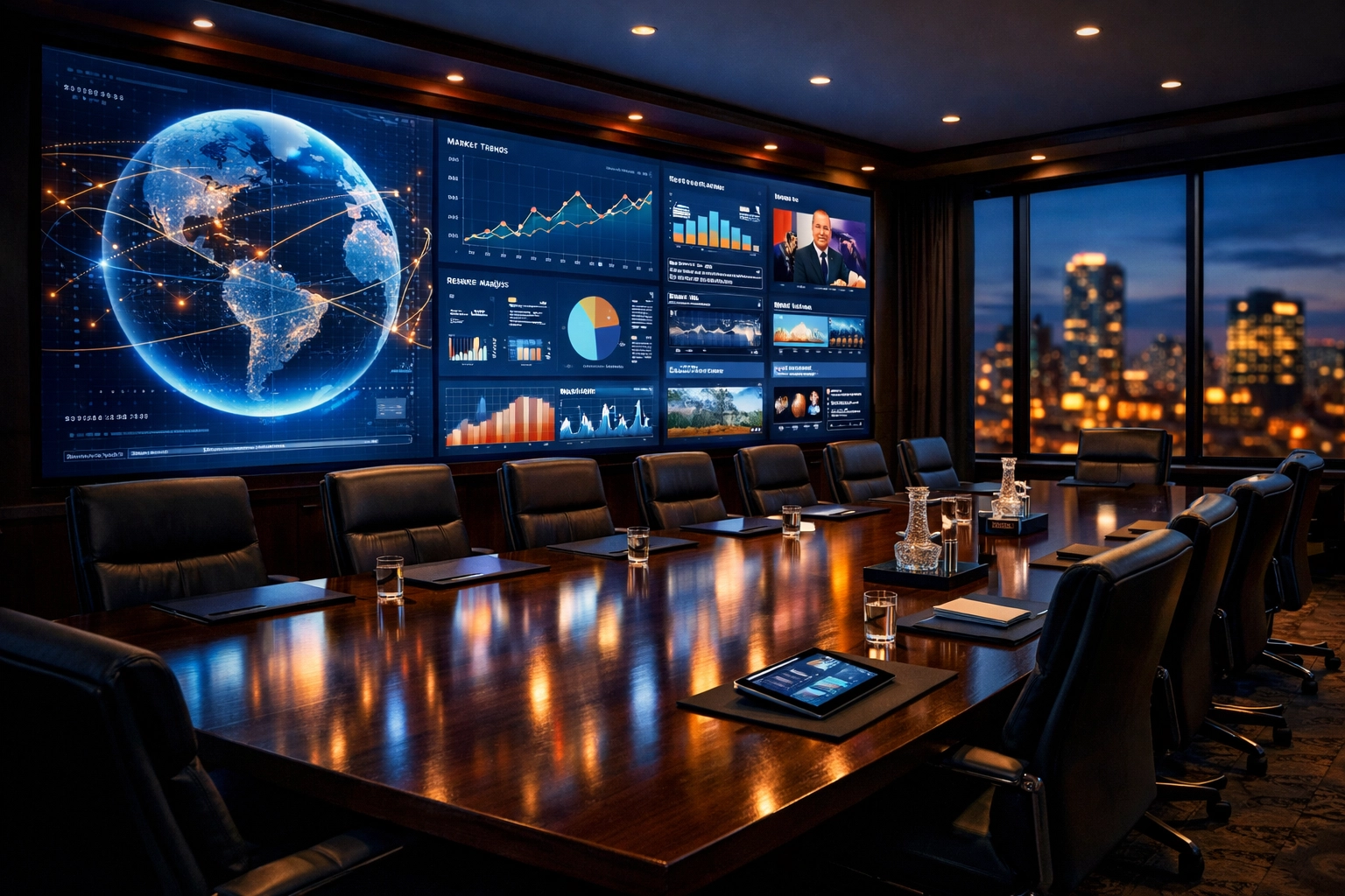 A sophisticated corporate boardroom displaying real-time media analytics for Dakdan Worldwide strategy.