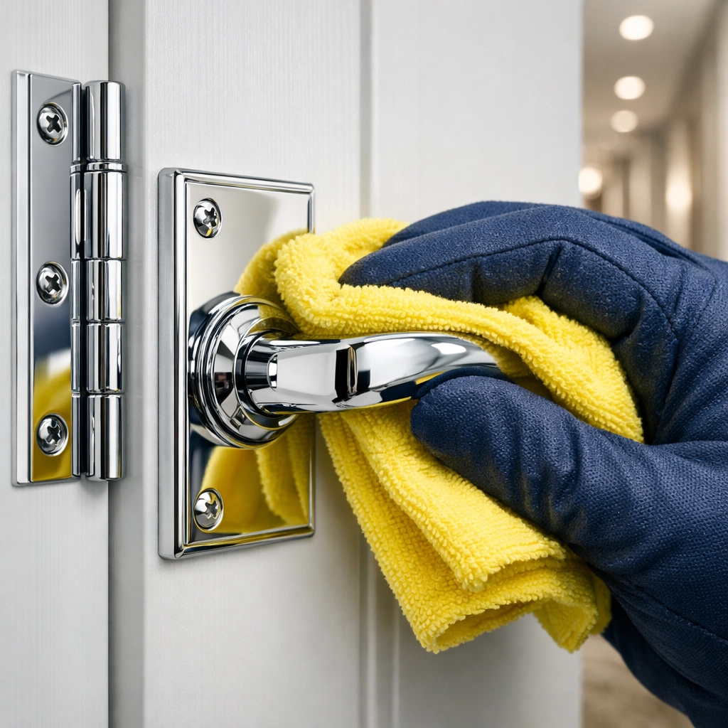 Detailed post-construction cleaning of a chrome door handle and hinge using a professional microfiber cloth.