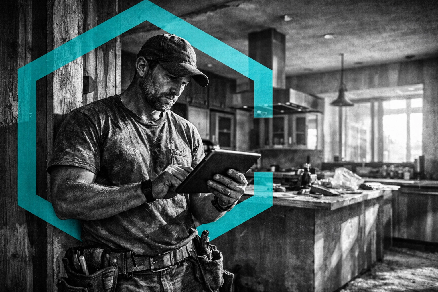 Contractor on a job site using a tablet to manage luxury renovation project photos.