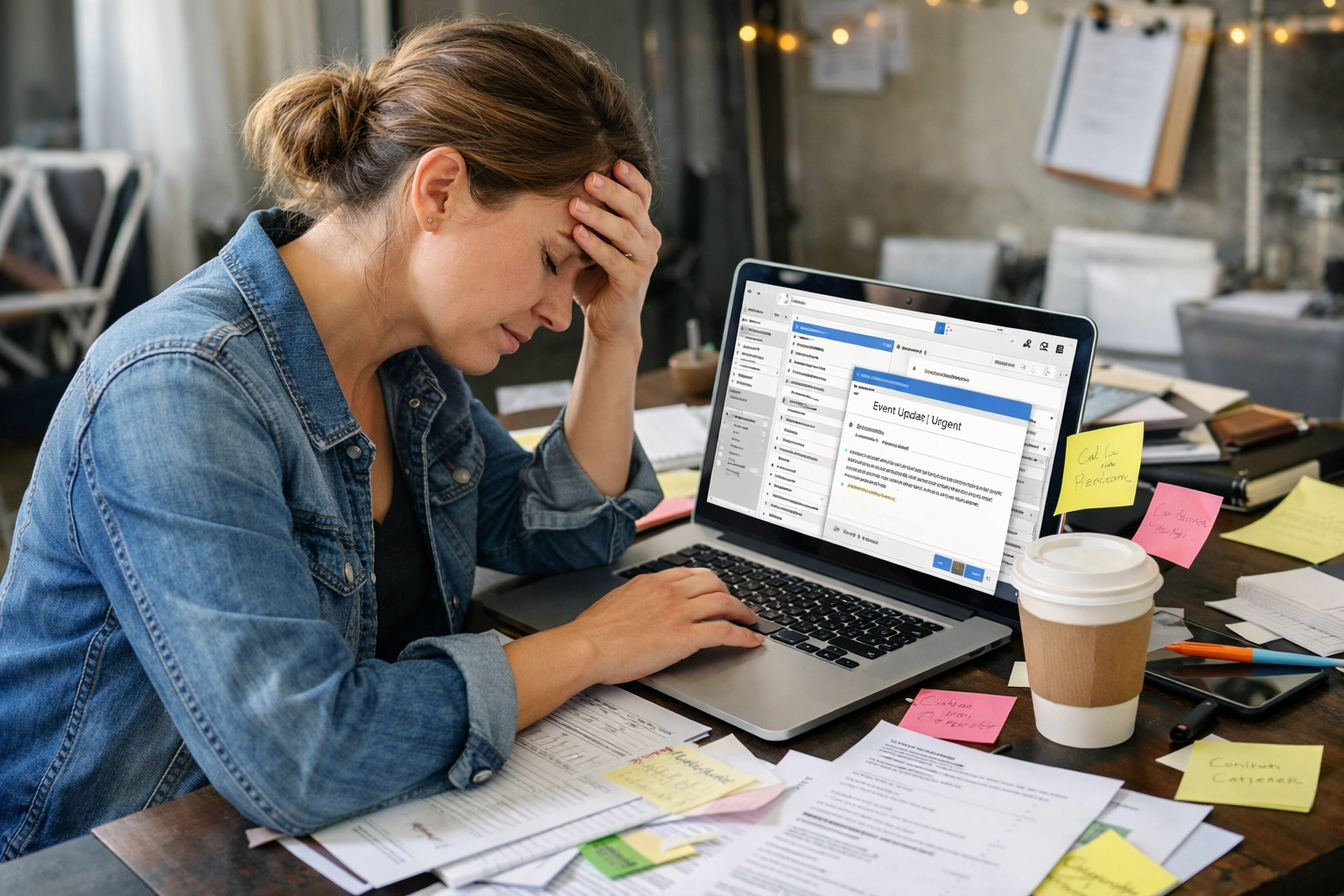 Stressed event planner managing multiple booking emails on laptop