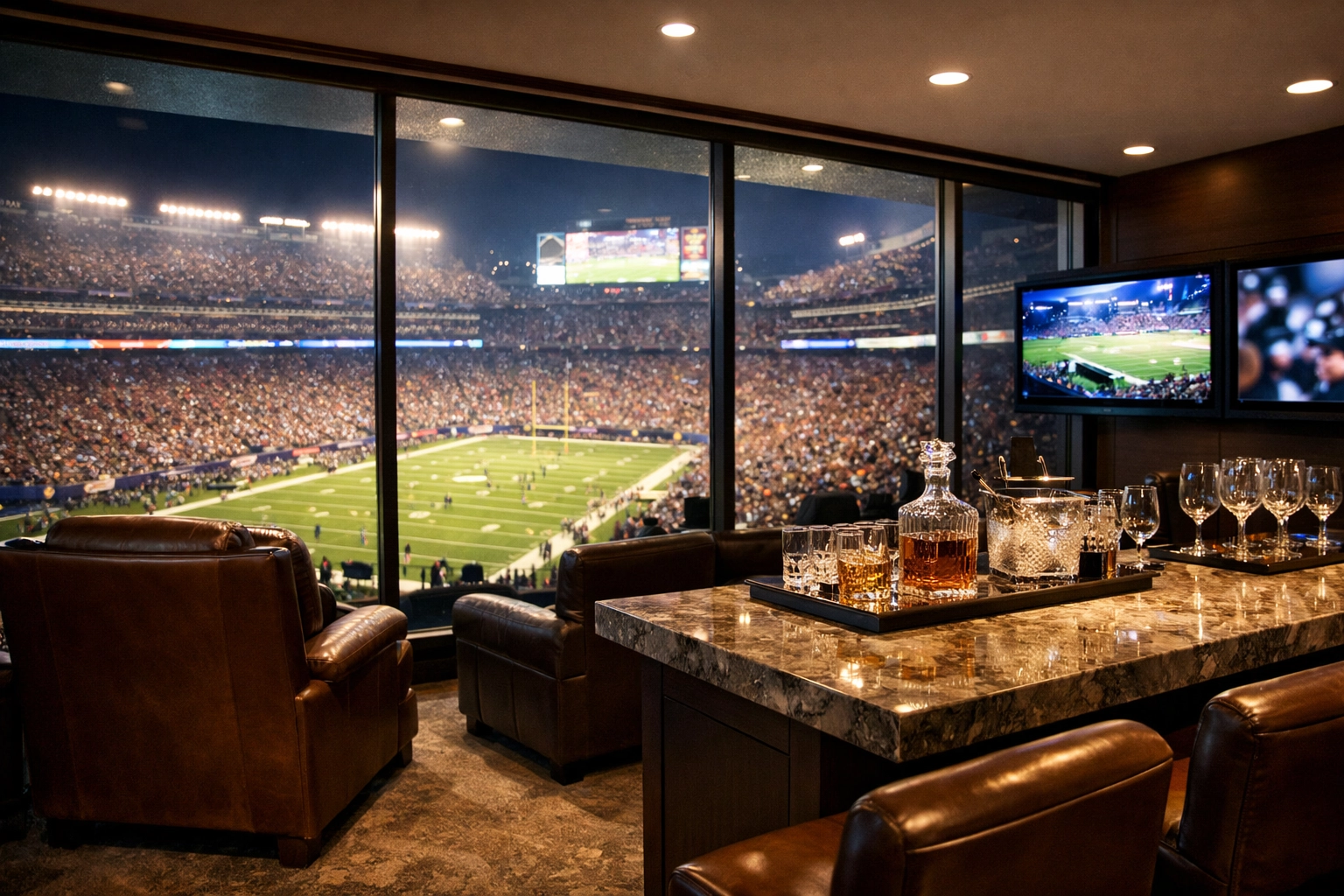 PRESS RELEASE: 7 Mistakes You’re Making with Super Bowl Brand Visibility (And How USA Entertainment Travel Fixes Them Instantly) Luxury VIP stadium suite with a view of the football field for premium corporate hospitality.