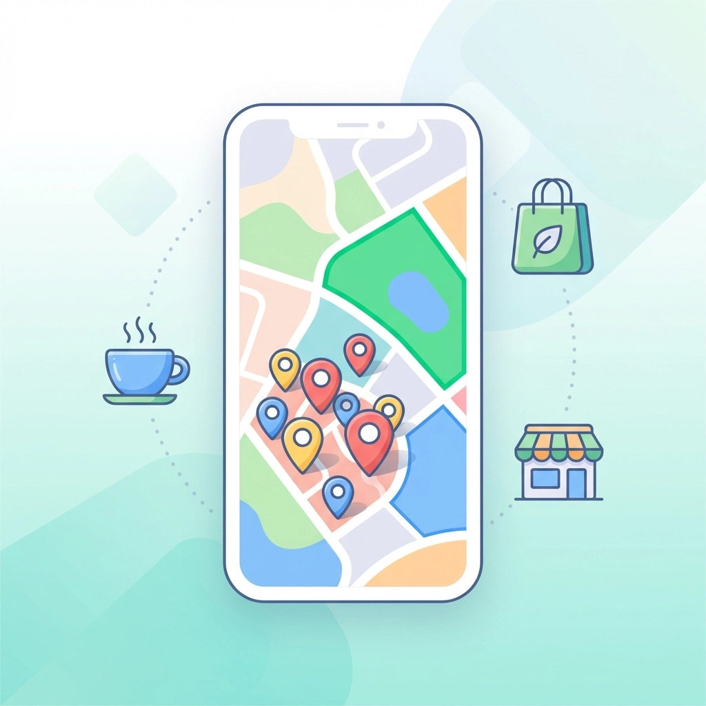 Smartphone showing a neighborhood map with local business icons, highlighting geotargeting in local MMS marketing.