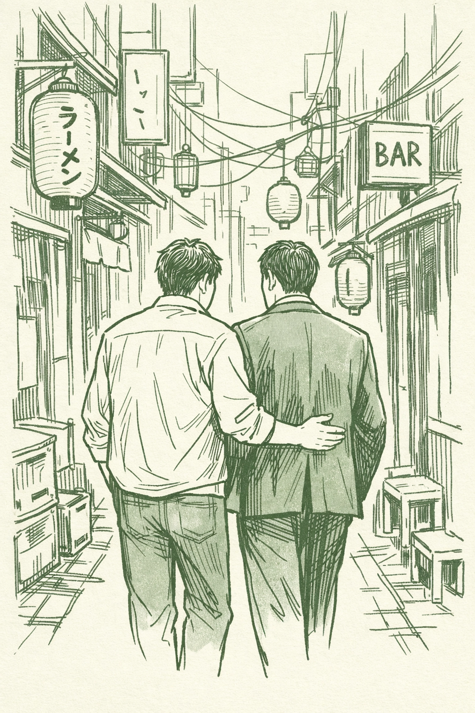 Two men walking in a Shinjuku alleyway, reflecting themes of resilience in gay historical romance fiction.