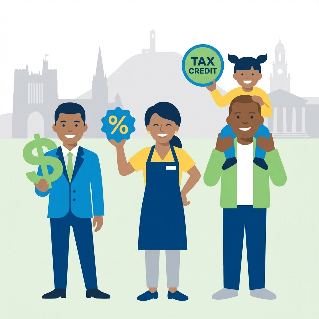 Diverse group of New Haven residents holding tax credit icons for 2026 tax planning and savings