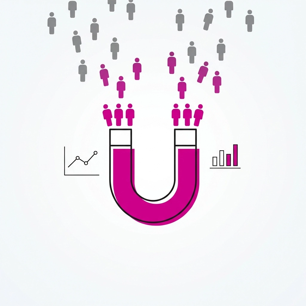 Illustration of a magnet attracting people symbols, representing lead generation and higher conversion rates in digital marketing.