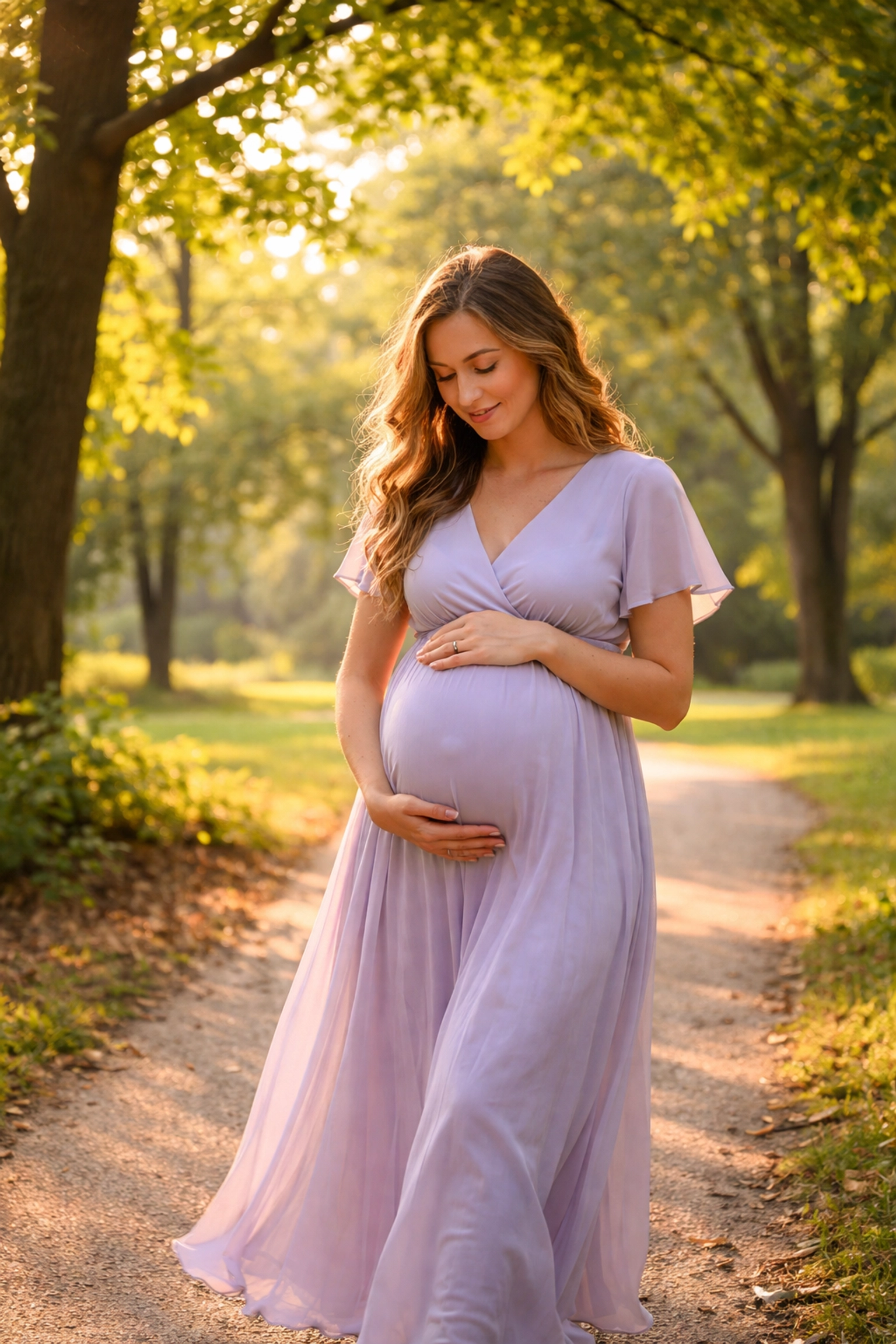 Pregnant Surrogate walks in a Pennsylvania park, illustrating support and assurance in Pennsylvania surrogacy laws.