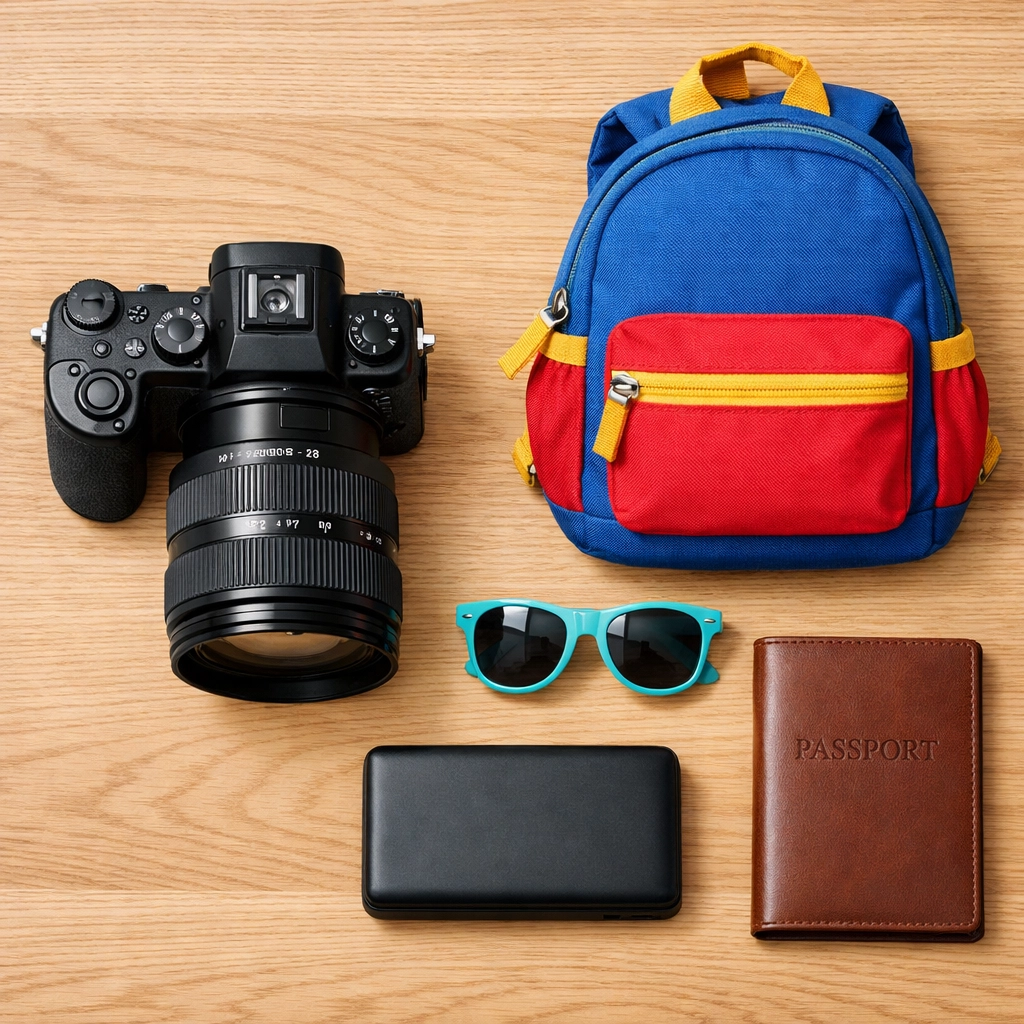 Essential photography gear and kids' packing items for a successful family vacation.