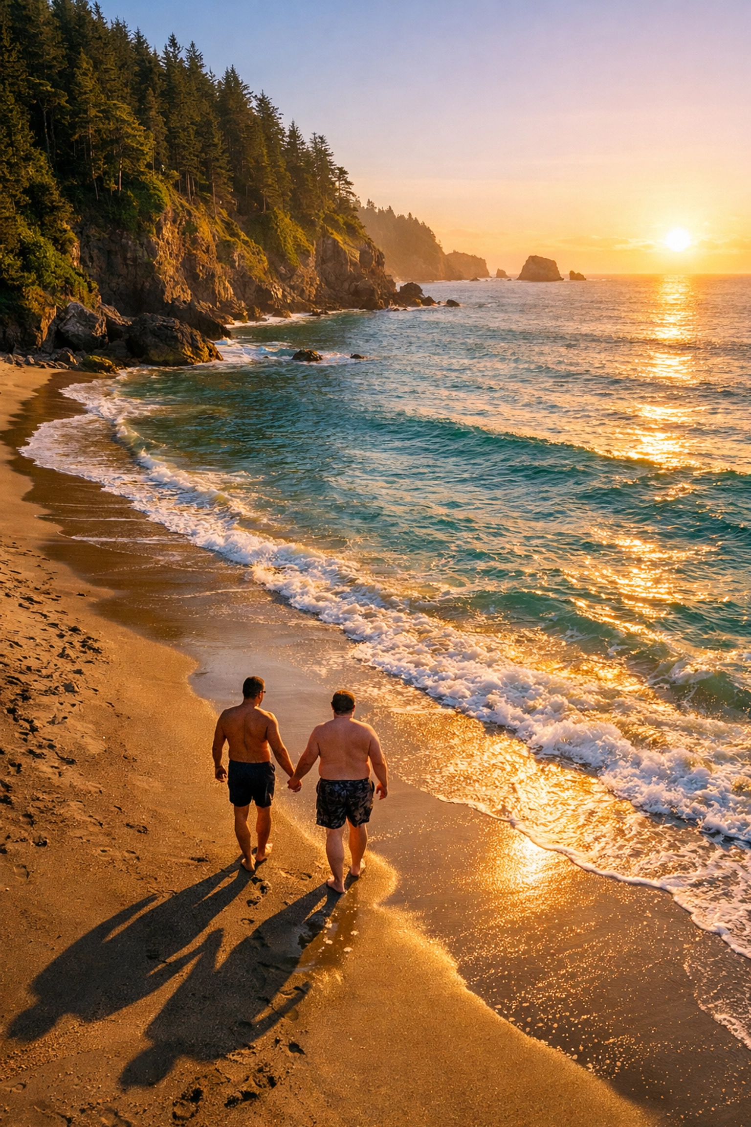 Gay couple walking hand-in-hand on Wreck Beach Vancouver at sunset with forested cliffs
