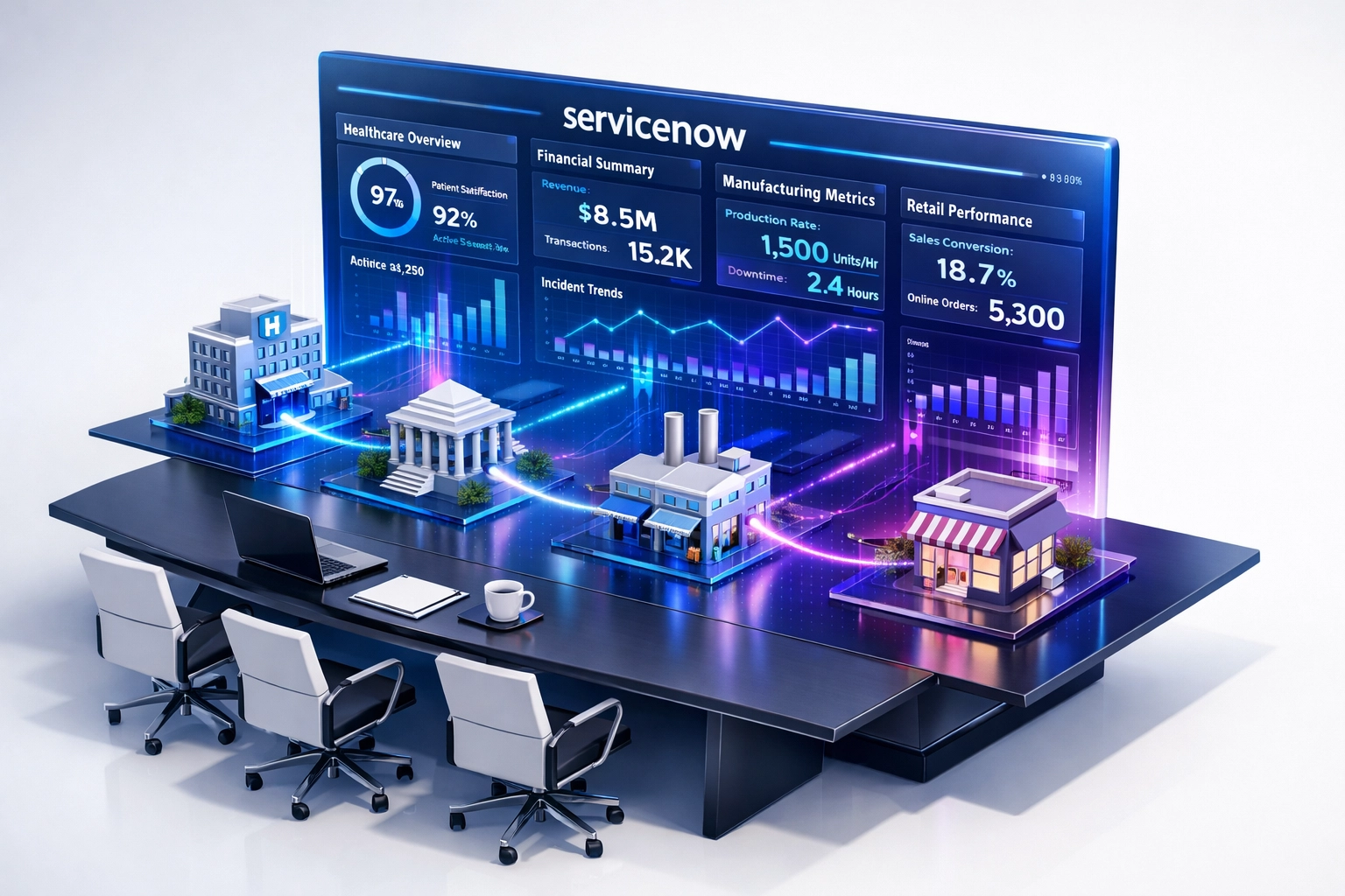 ServiceNow dashboard displaying industry-specific ITOM and ITAM metrics across healthcare, finance, and retail sectors
