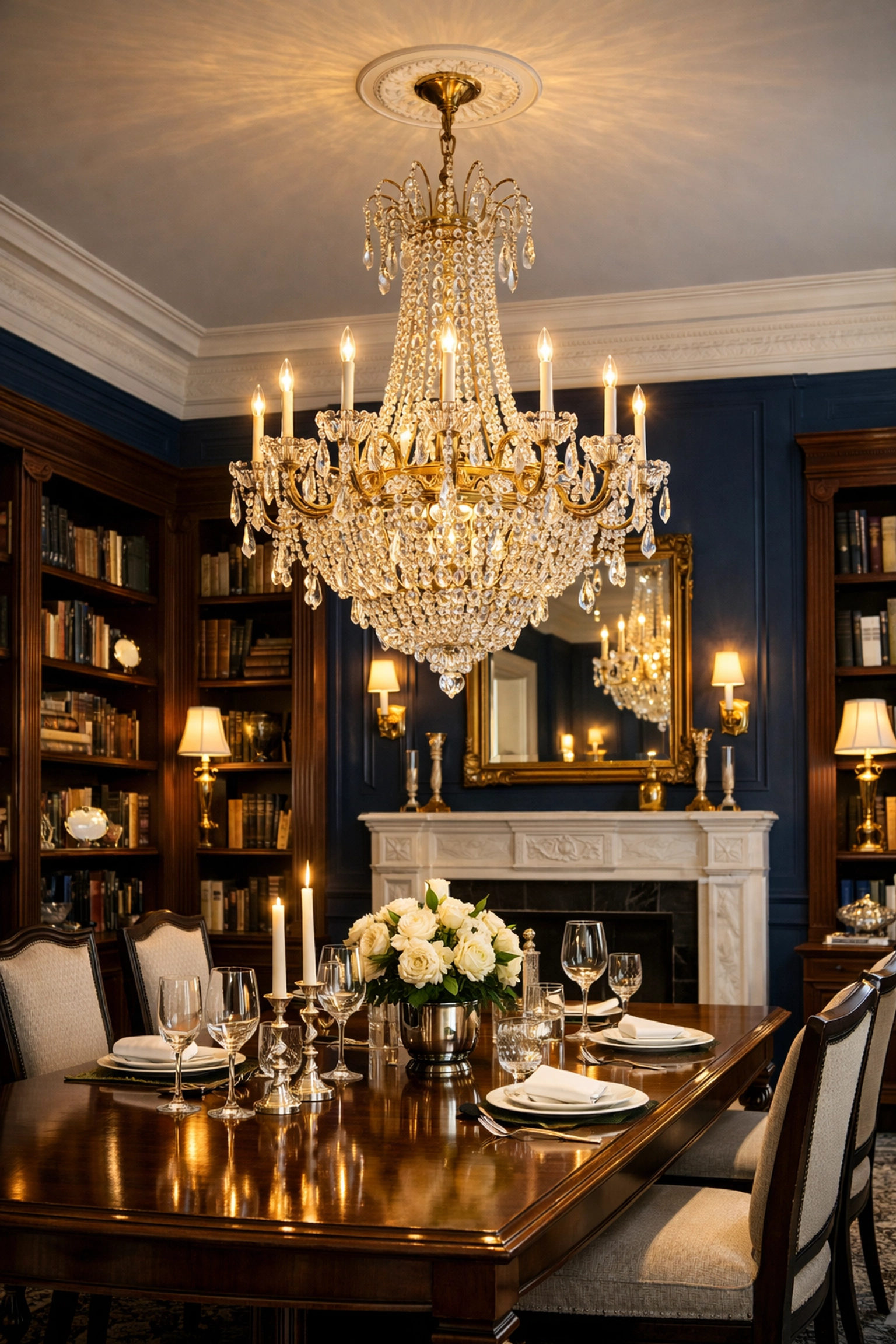 Pristine crystal chandelier and dust-free library surfaces from a luxury house cleaning service in MA.