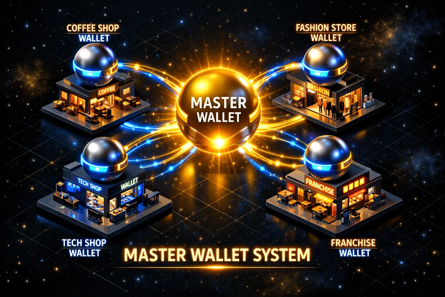 Master wallet architecture with sub-wallets connected to multiple retail store locations for B2B2C commerce