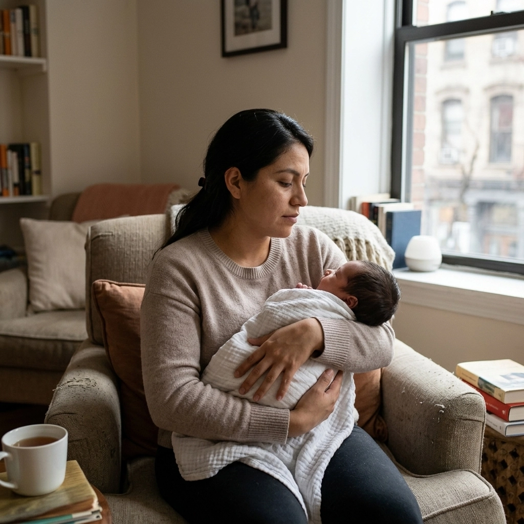 Embodied Motherhood: A resilient mother holding her baby in a natural home setting