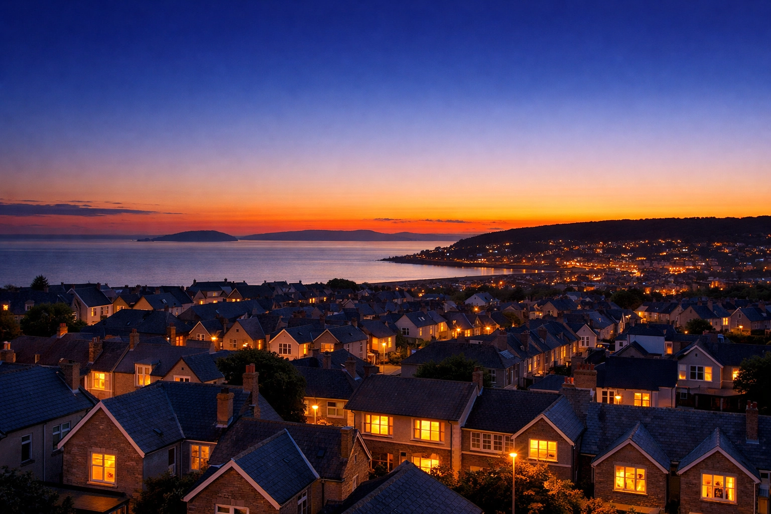 Aerial view of houses in Weston-super-Mare at dusk, showing protected homes by southwest security experts.