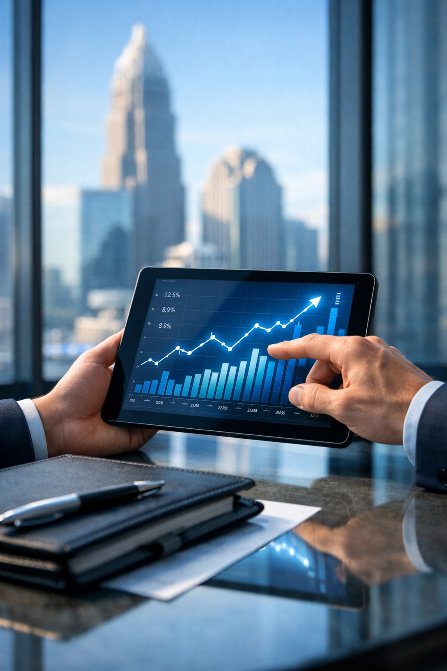 Business valuation expert in Charlotte pointing at financial growth charts on a digital tablet.