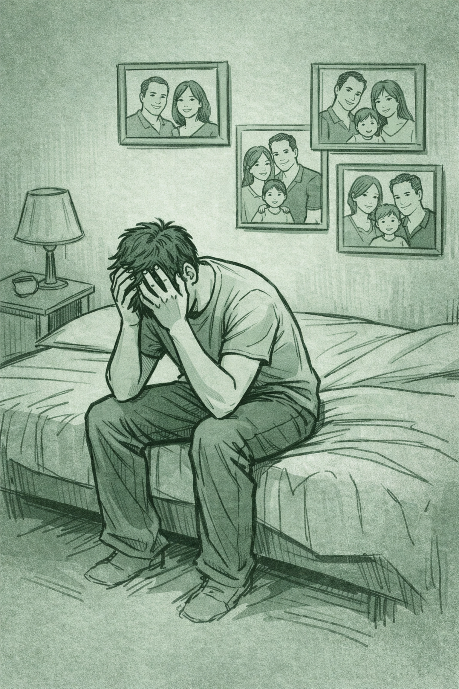 Gay man sitting alone in bedroom struggling with forbidden attraction in blended family