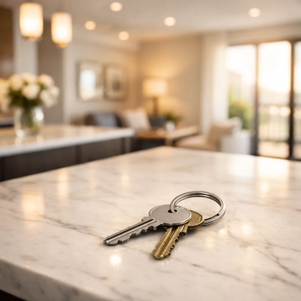 Apartment keys on a clean marble kitchen island signifying a successful move out cleaning turn.