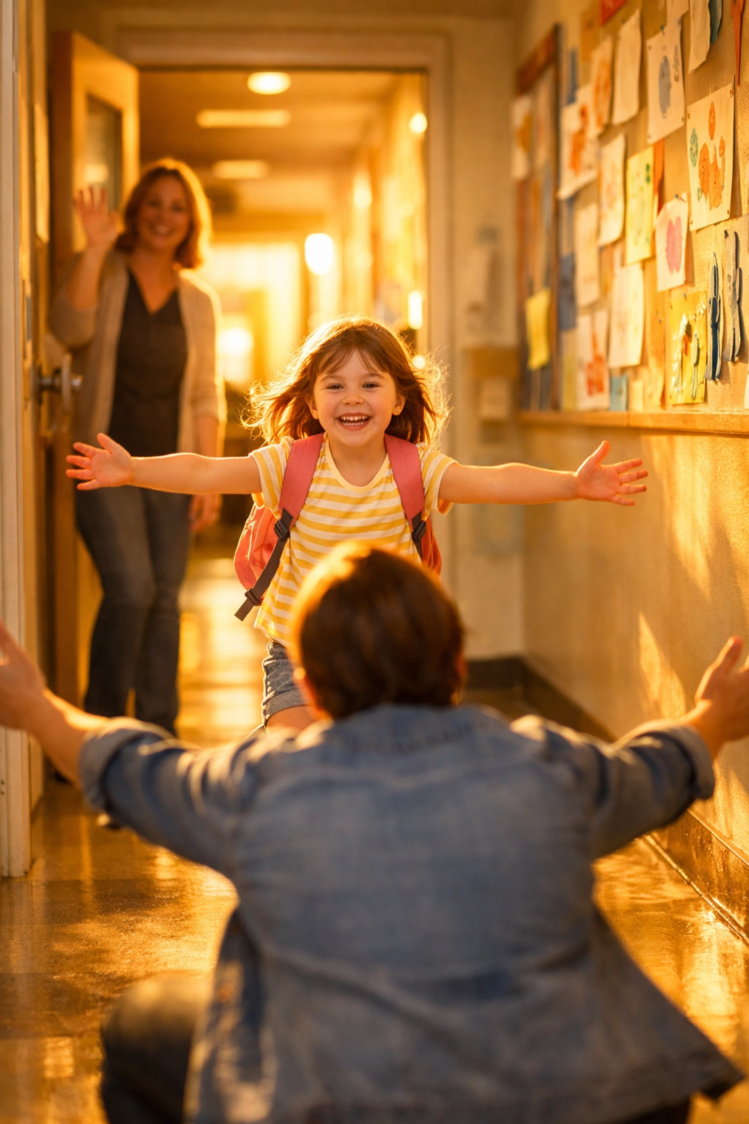 A joyful child-parent reunion during afternoon pick-up at a Rainbow Hut childcare centre.