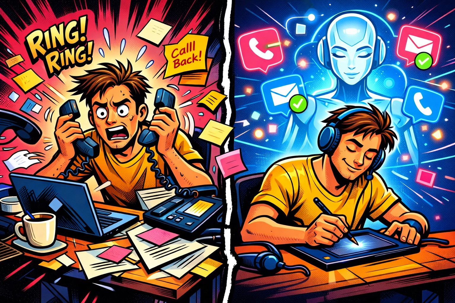 Solopreneur overwhelmed by customer calls vs relaxed with AI handling support