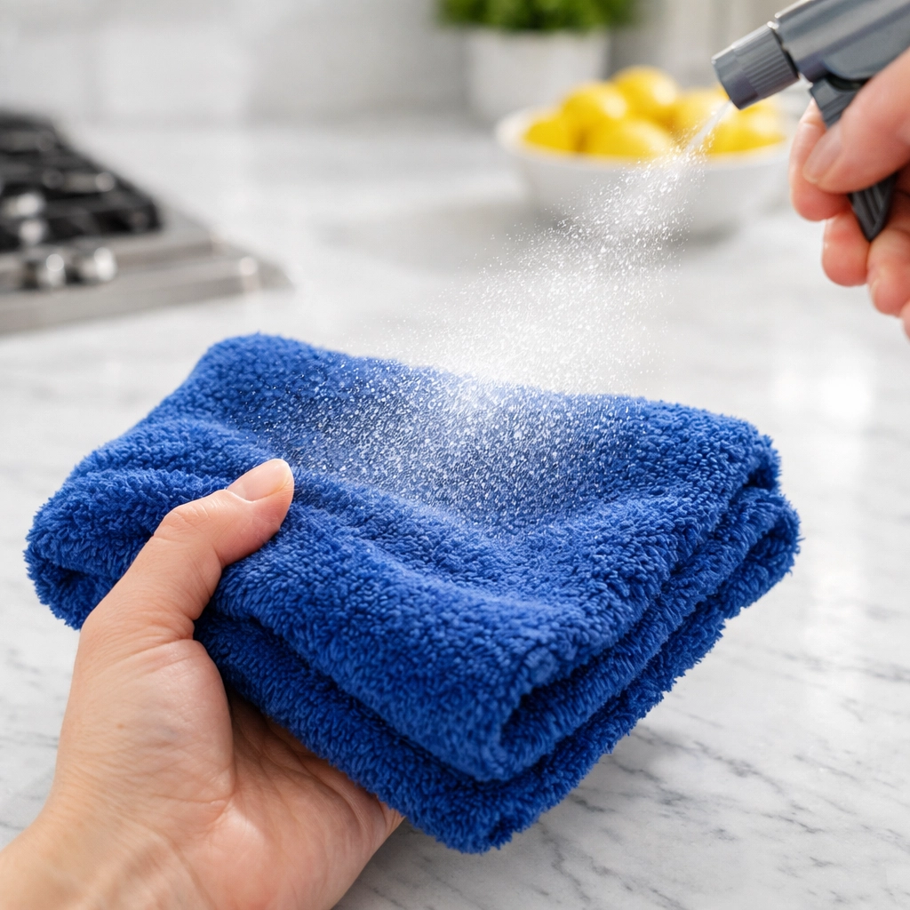 Spraying a microfiber cloth for streak-free deep cleaning Marlborough kitchen surfaces.