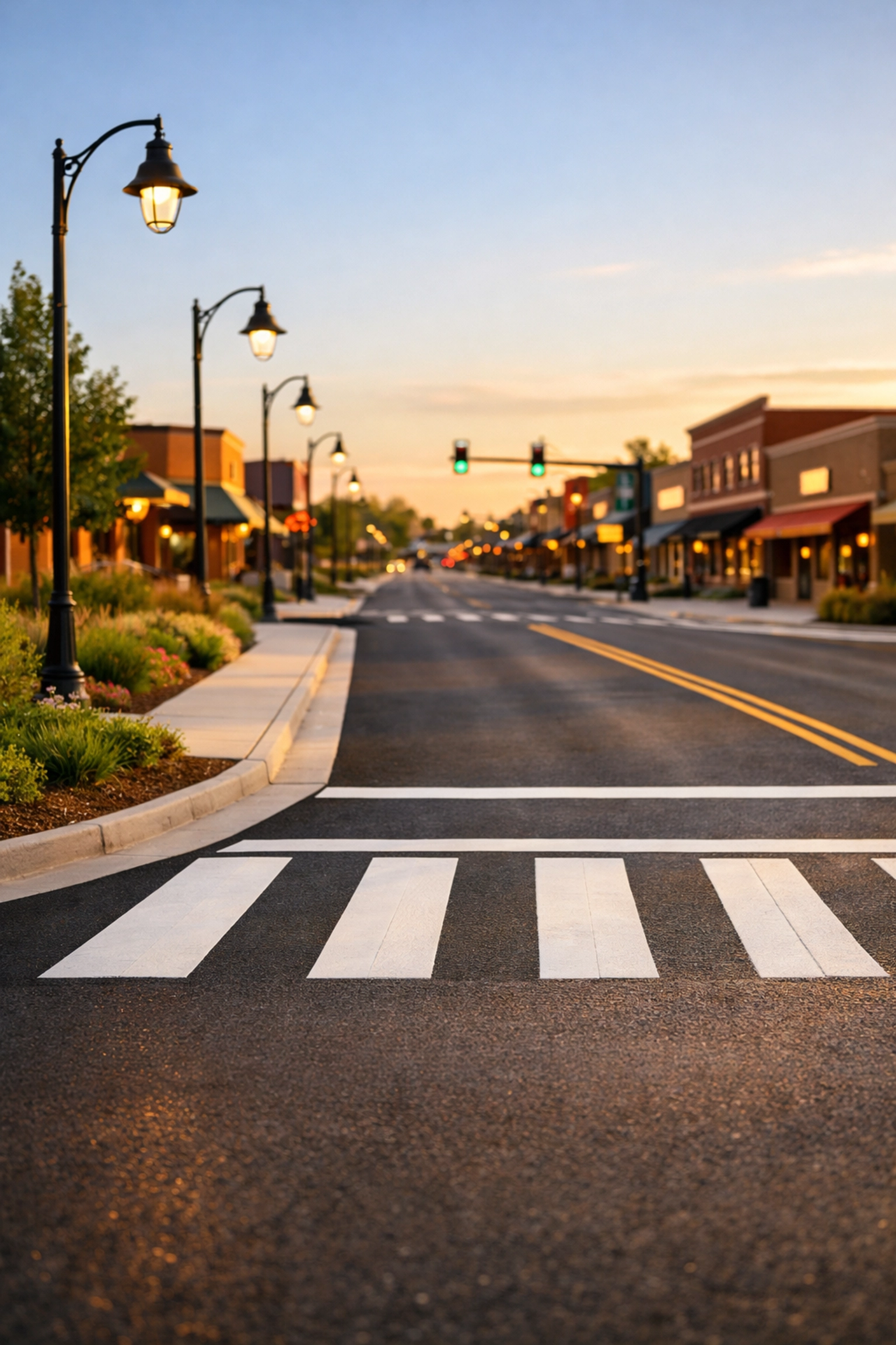 Successfully completed municipal infrastructure project showing a new streetscape, sidewalks, and community development.